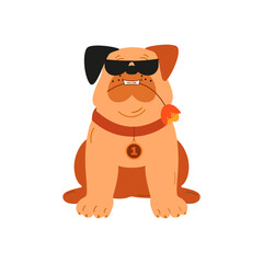 Funny Cool Bulldog Dog in Sunglasses and with a flower in his teeth, highlighted on a white background.  Vector illustration in a Flat style.