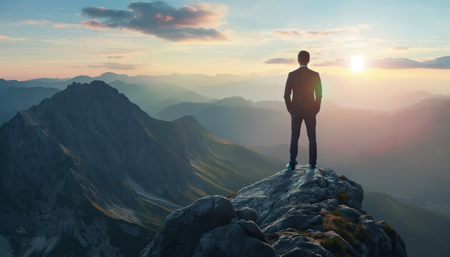 a man stands on the mountain and looks into the distance wearing business clothes , motivation for success, coach, personal growth, career growth, back view businessman on top of wealth and success