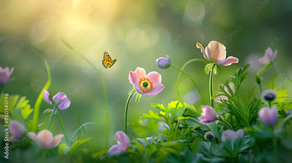 Poster beautiful pink flower anemones fresh spring morning on nature and fluttering butterfly on soft green