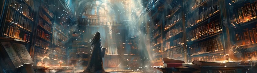 Whimsical watercolor style at an eye-level angle of a librarian sorceress in an ancient