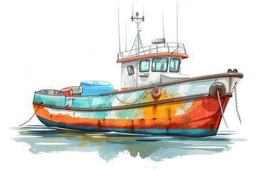 Fototapeta premium illustration cartoon of traditional fishing boat on white background 