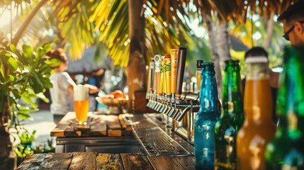 A beach bar scene with a row of colorful beer taps, with a bartender serving a freshly poured pint to a smiling customer, palm trees swaying nearby
