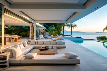 Fototapeta premium pool at luxury hotel resort, large lounge area with sea view