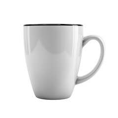 Obraz premium High-quality white ceramic mug with a glossy finish and black rim, perfect for hot beverages like coffee, tea, and hot chocolate.