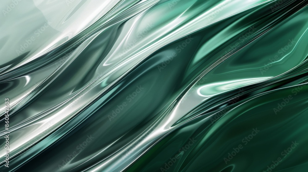 Poster a striking abstract background featuring shiny green metallic waves creating a dynamic and reflectiv