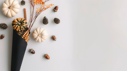 A minimalist composition featuring white pumpkins, acorns, leaves, and glittering star ornaments, arranged on a black and white background.