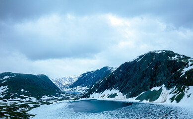 Glacier melted mountain lake. View from Mount Dalsnibba. Beautiful nature of Norway
