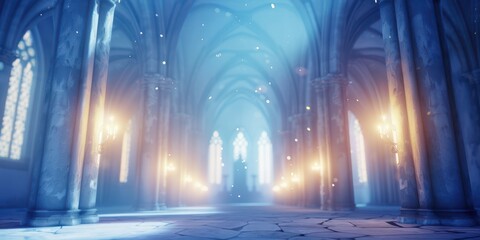 Eerie gothic cathedral interior with misty, cold lighting, casting dramatic shadows and creating a mysterious, haunting atmosphere.
