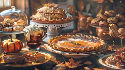 Bountiful Display of Delectable Thanksgiving Desserts on Rustic Kitchen Counter