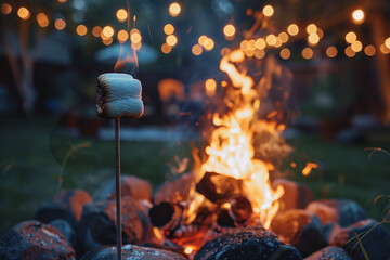 A festive backyard party with a bonfire and marshmallow roasting on Independence Day, creating a warm and cozy atmosphere for a fun and relaxed celebration with friends and family.