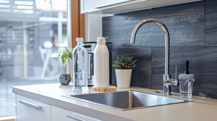 Modern Kitchen Design Featuring Water Filtration Devices and Sleek Fixtures for Clean Living