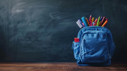 Backpack with School Supplies in Front of Chalkboard, Generative AI