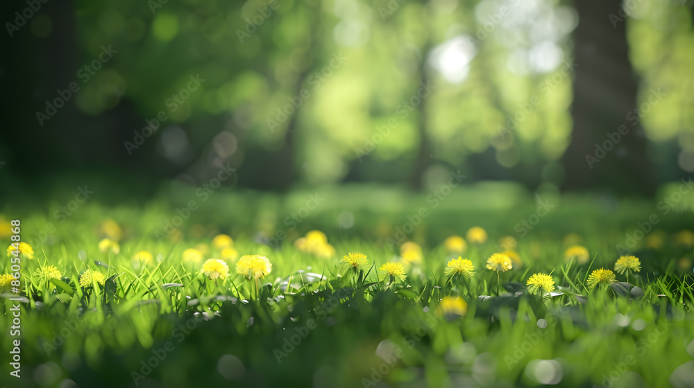 Aufkleber Beautiful wide format image of a pristine forest lawn with fresh grass and yellow dandelions against a defocused background : Generative AI