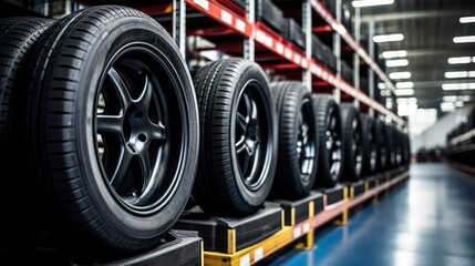 Fototapeta premium Car tires in a warehouse, close-up. Auto service industry