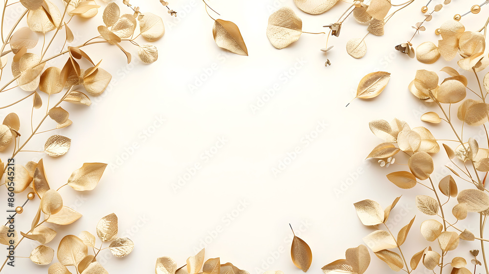 Poster Gold round frame made of gold branches eucalyptus and leaves isolated on white background lay flat top view : Generative AI