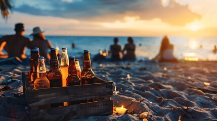 A rustic wooden crate filled with assorted beers, set on a beach blanket, with beachgoers in the background enjoying the sun and surf