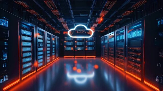 A futuristic data center with rows of servers and a glowing blue cloud in the center.