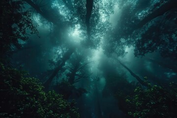 Abstract blue light rays pierce through a dark underwater scene
