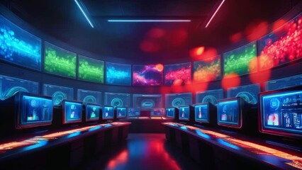 A dark room with many computer stations. The stations have multiple monitors each and there are colorful lights on the walls. - Powered by Adobe