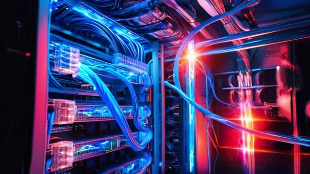 The video contains a computer case with blue and red lights, and a lot of wires and tubes.