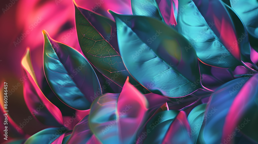 Sticker natural abstraction background banner leaves neon colors : Generative AI