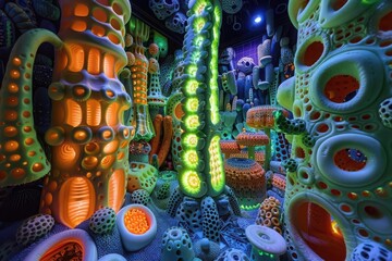 Fototapeta premium Worms-eye view of a spacecraft made entirely of intricate cheese and vegetable carvings