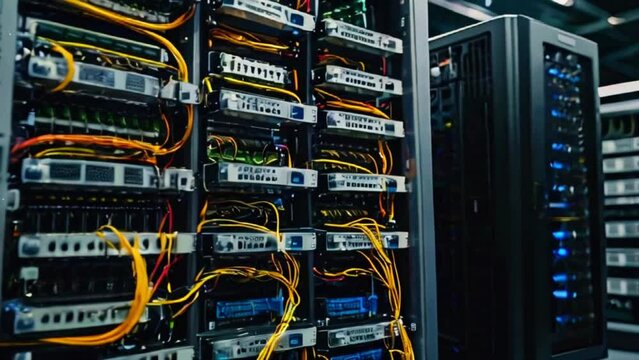 A dark video of a server room with multiple server racks. The servers are lit up by the blue and yellow lights of the network cables that connect them.