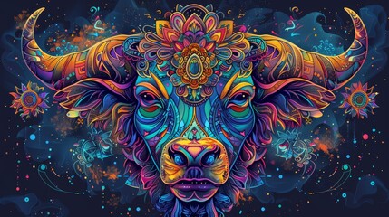 A vibrant, psychedelic bull head with intricate patterns and swirling colors against a dark background.