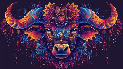 Fototapeta premium A vibrant, ornate bull's head with intricate patterns and glowing colors. The artwork is a modern take on a traditional symbol of strength and power.