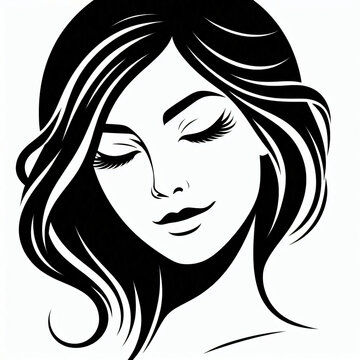 recommend clip art: A black and white line art vector silhouette of a woman's face with closed eyes and a lovable look.