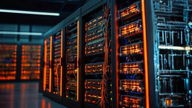 A dark room filled with tall racks of servers with bright orange lights.