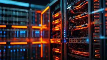 A dark room filled with tall metal server racks with bright orange and blue lights. - Powered by Adobe