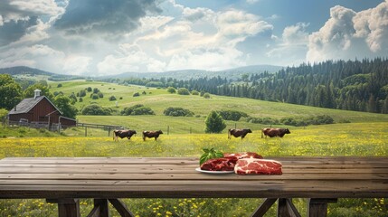 slices of Angus meat with a natural farm background