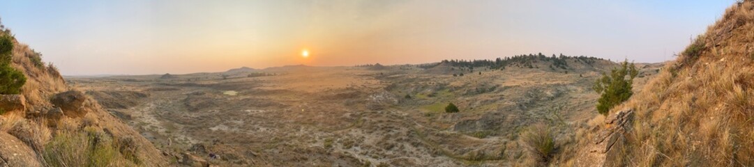 Panorama of the sunset in the badlands