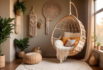 interior design style- reading nook with a hanging rattan chair, cozy floor pouf, and a macrame wall hanging