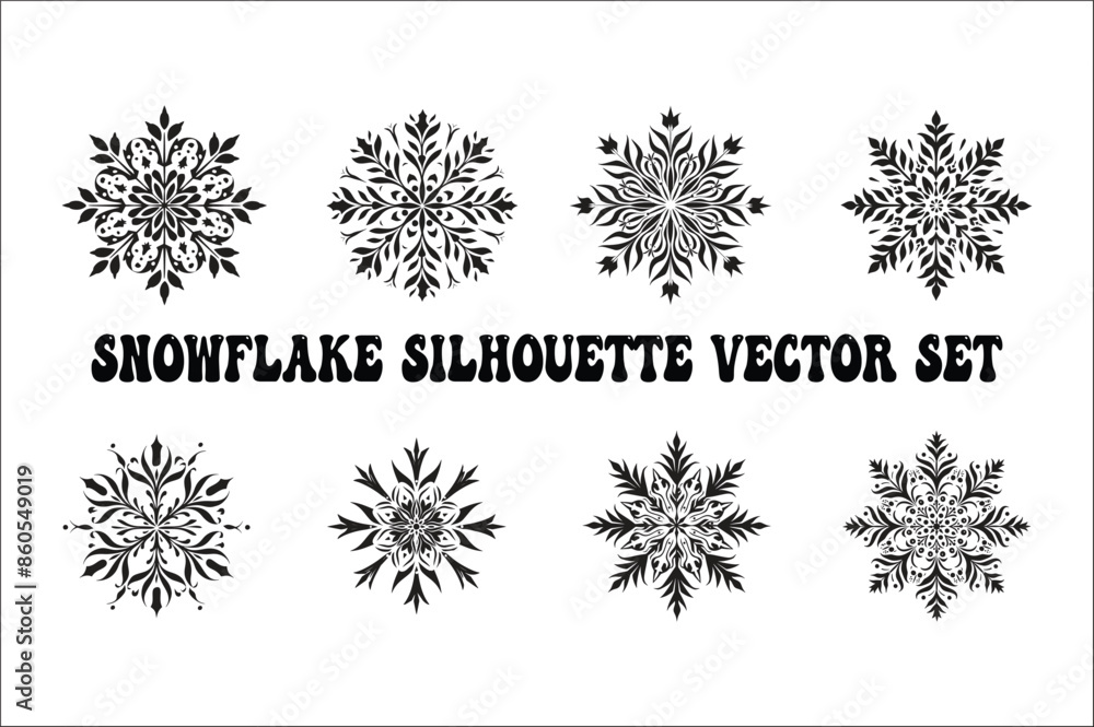 Poster snowflake silhouettes bundle collection isolated on white background. flat snowflake icons set.