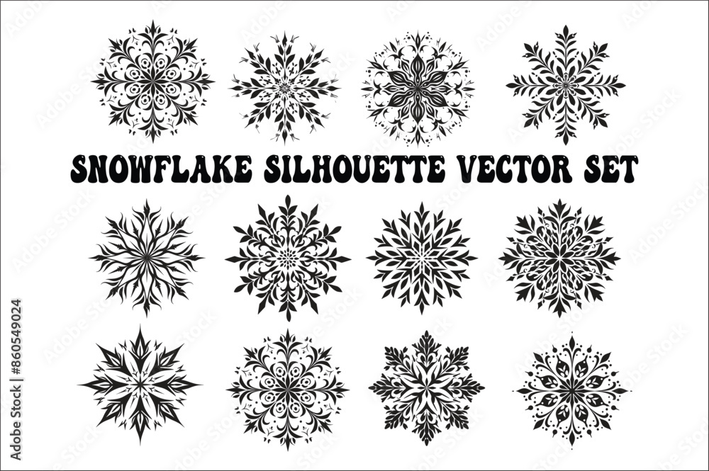 Poster snowflake silhouettes bundle collection isolated on white background. flat snowflake icons set.
