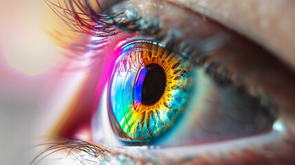 Vibrant Rainbow Eye Macro - Colorful Human Iris Close-up with Light Reflection for Vision, Creativity, and Individuality Concepts