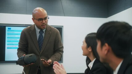 Happy diverse group Asian business team analyzing statistics financial. Group Team of business people meeting conference discussion various topic corporate concept in office.