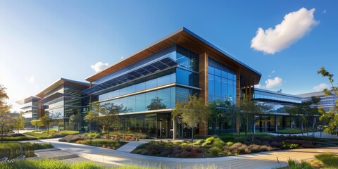 A sustainable business headquarters with a green building design