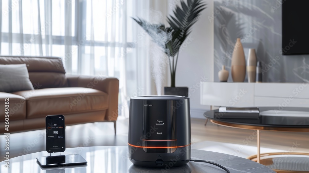 Poster high-tech smart air humidifier in modern home setting with smartphone control display