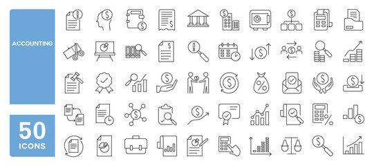 Set of 50 line icons related to accounting, taxes, audit, earnings, finance company, Editable stroke. Vector illustration