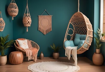 interior design style- reading nook with a hanging rattan chair, cozy floor pouf, and a macrame wall hanging