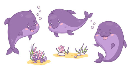Underwater animals. Cute dolphins with sandy bottom with algae and corals. Isolated undersea funny cartoon kawaii character. Vector illustration