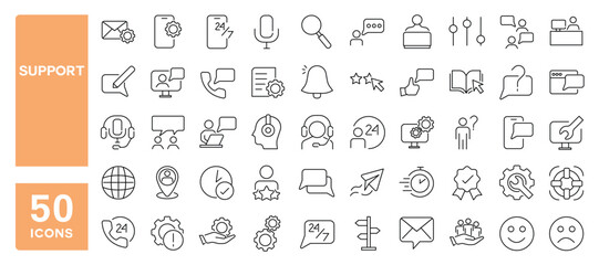 Set of 50 line icons related to support, call center, customer care, assistance, help, Editable stroke. Vector illustration