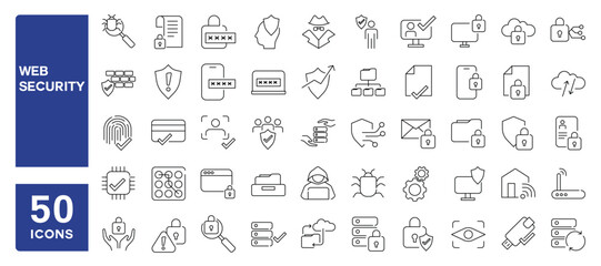 Obraz premium Set of 50 line icons related to web security, safety, password, data protection, cyber lock, Editable stroke. Vector illustration