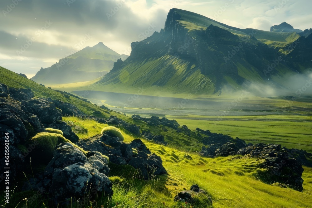 Wall mural Scenic Mountain Range with Misty Valley and Lush Greenery