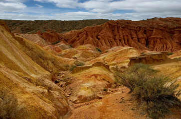 Northern Kyrgyzstan. Picturesque views of the famous Skazka Canyon (, the clay mountain peaks of...