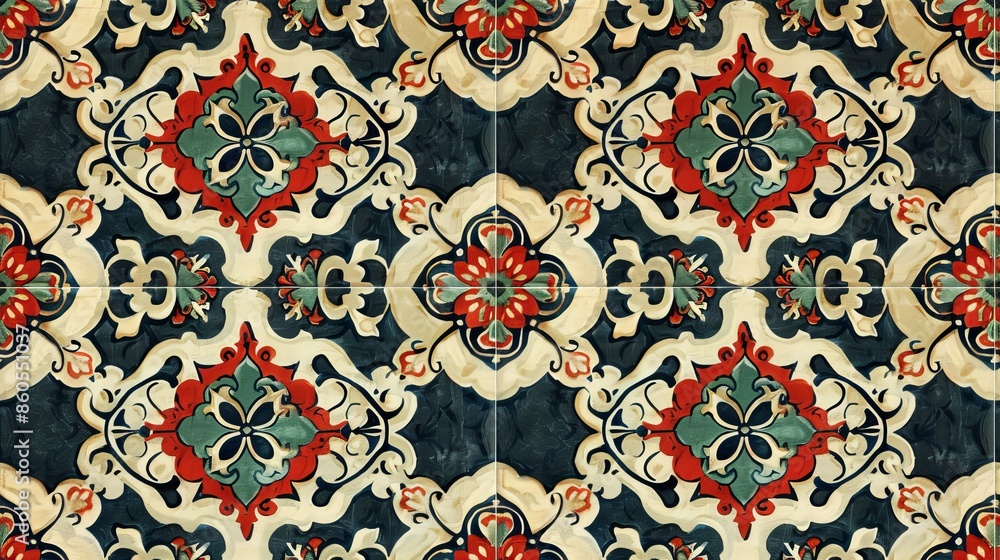 Poster stylish fabric and tile design featuring a repeating pattern of different cultures, creating a harmo