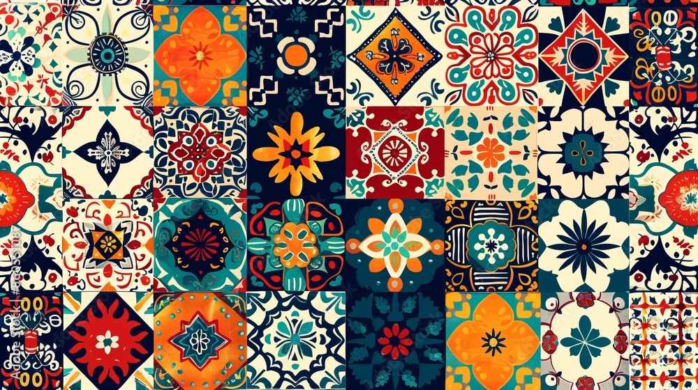 Poster stylish fabric and tile design featuring a repeating pattern of different cultures, creating a harmo